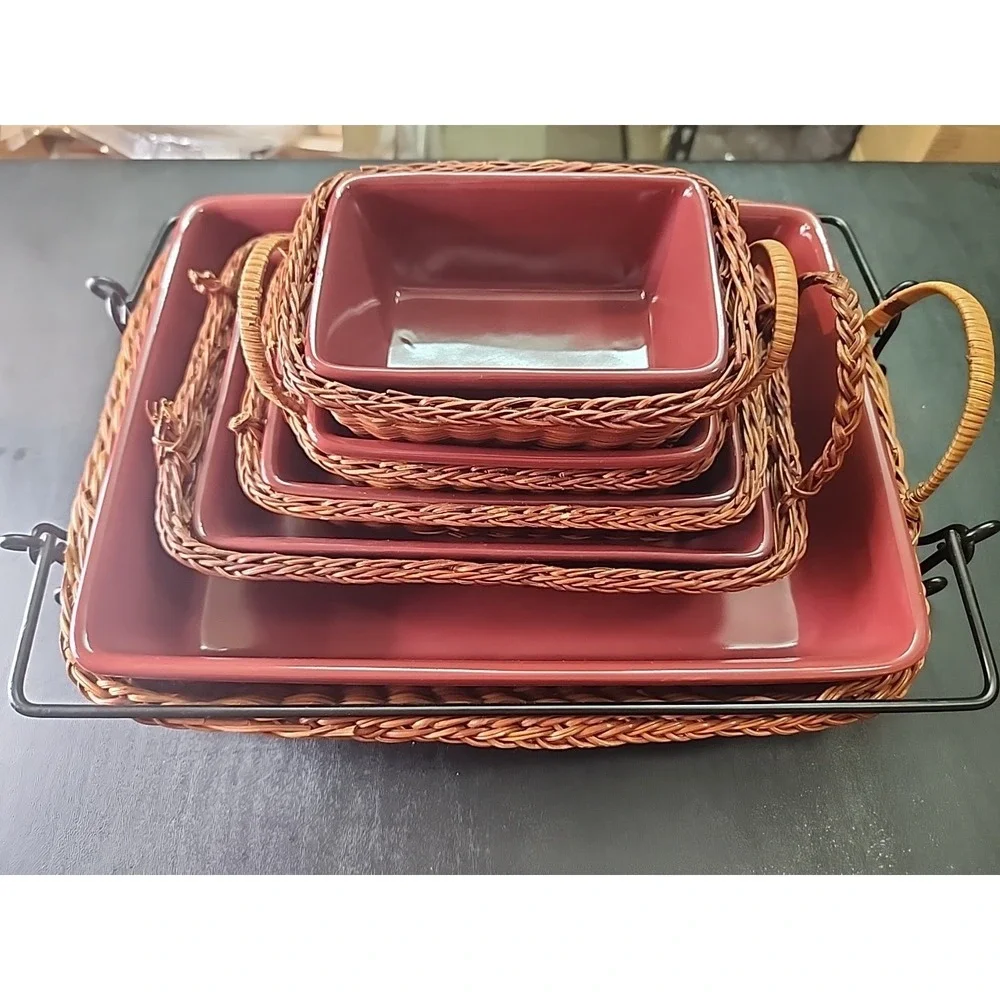 New Temptations RED Stone Casserole Bakeware Dish Set w/Handled Baskets